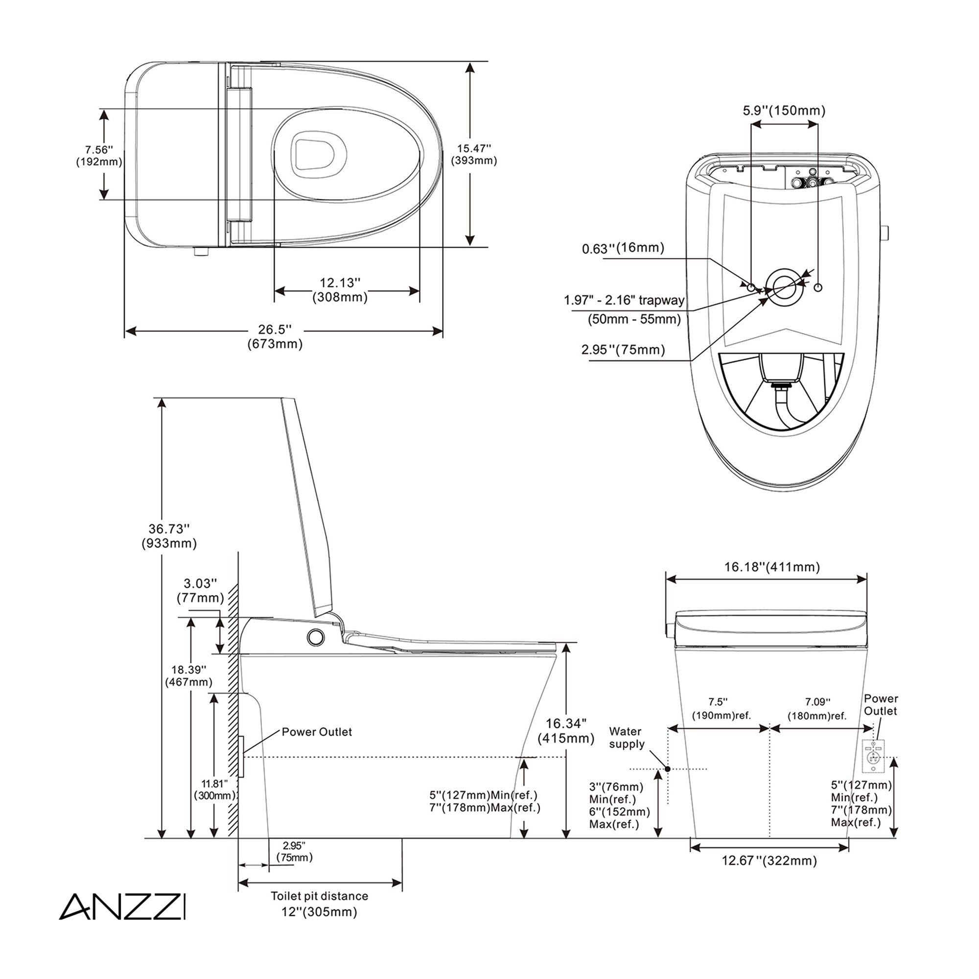 ANZZI Juno 26 Smart Bidet Toilet. – Heated Seat, Auto Flush,Remote Control included