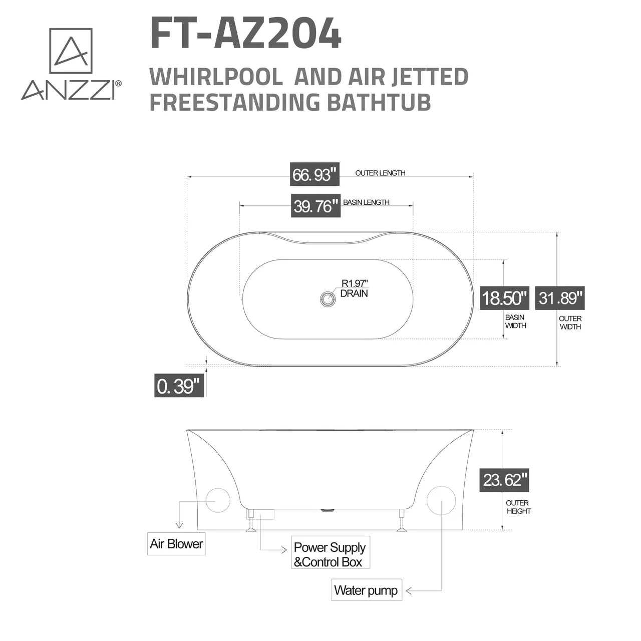 ANZZI Julia Series, 67” Freestanding Acrylic Air & Whirlpool Bathtub