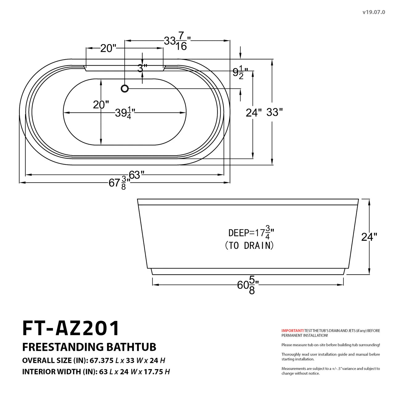 ANZZI Sofi Series, 67” x 34”  Freestanding Acrylic Bathtub